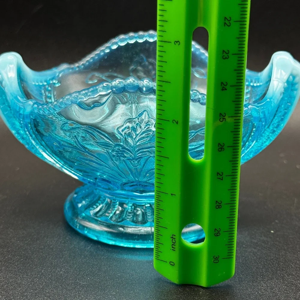 Antique Jefferson Glass Beaded Fleur de Lis Blue Opalescent Bowl c1905 Candy Nut